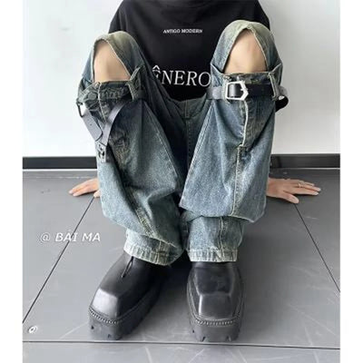 Men's Jeans Vintage Knee Destroyed Ripped Jeans streetwear Slim fit Pants beggar Hole Hip Hop denim trousers Men y2k jeans
