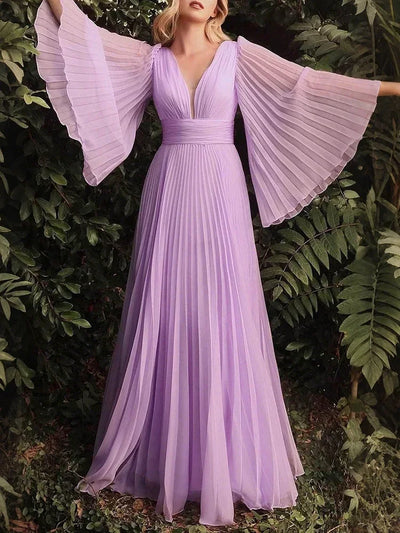 Women's Muslim Islamic  Dresses Fashion Elegant Folds Flare Sleeve Plunge Neck Maxi A-Line Evening Dresses