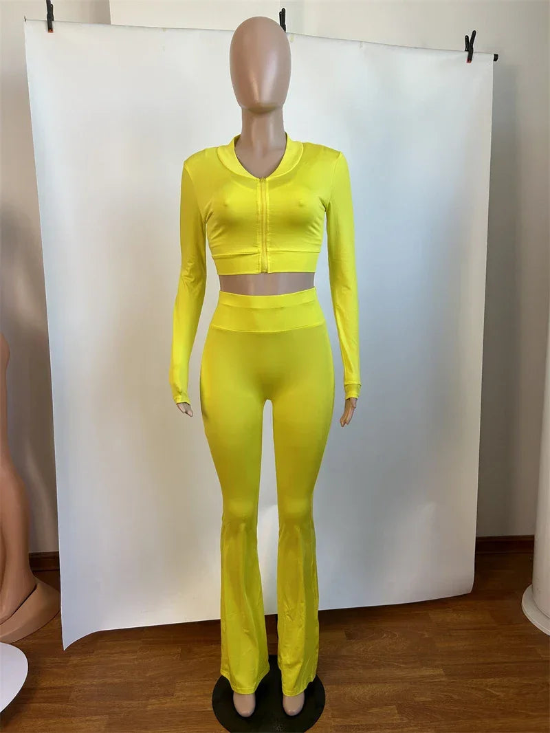 2024 Autumn Solid Women Tracksuits Slim 3 Piece Sets Tank Crop Tops + Zipper Long Sleeve Jackets + High Waist Flare Pants Suits