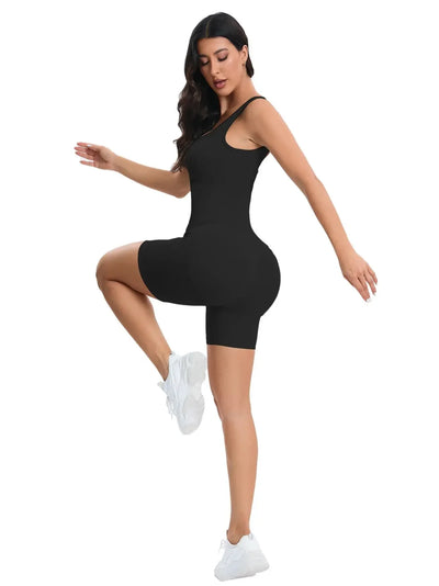 Women Yoga Romper Workout Ribbed Square Neck One Piece Seamless Tank Top Jumpsuit
