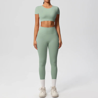 Yoga Set 2 Pieces Women Tracksuits Workout Sportswear Gym Clothing Fitness Short Sleeve With Padded High Waist Leggings Suits