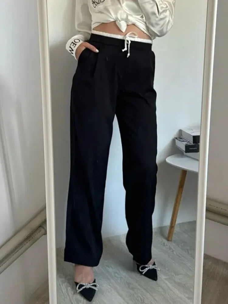 Wide Leg Pants For Women Straight Autumn Coffee Tie Up Casual Trousers Women Gray Loose Pants Ladies Black Trousers Office
