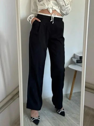 Wide Leg Pants For Women Straight Autumn Coffee Tie Up Casual Trousers Women Gray Loose Pants Ladies Black Trousers Office