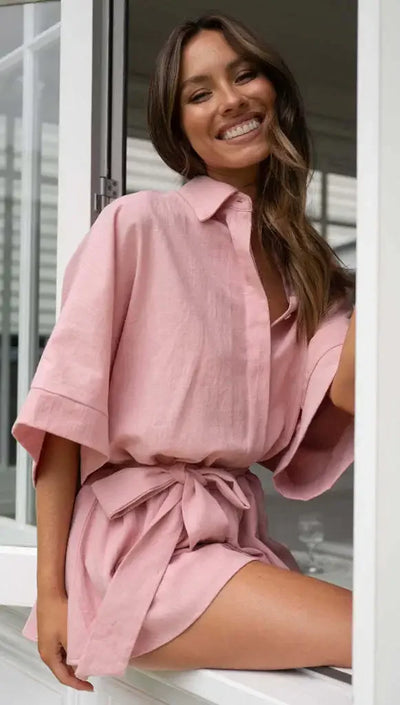 Women's Jumpsuit Spring/summer New Style With Collar Mid Sleeves Waist Strap Fashionable Loose Short Style Solid Color Jumpsuit