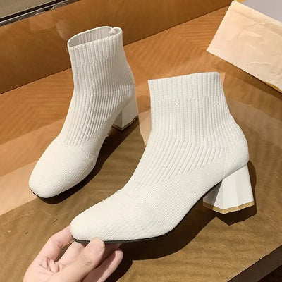Stretch  Sock Boots For Women Shoes Square Heel Yellow Knitting shoes Elastic Cottton Boots Lady Footwear