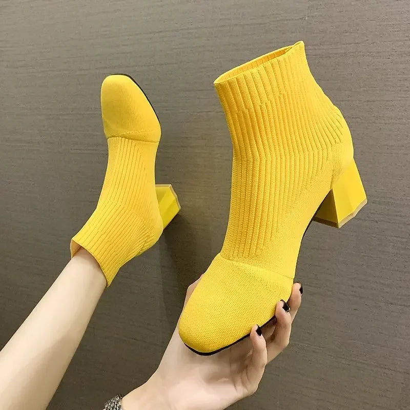 Stretch  Sock Boots For Women Shoes Square Heel Yellow Knitting shoes Elastic Cottton Boots Lady Footwear