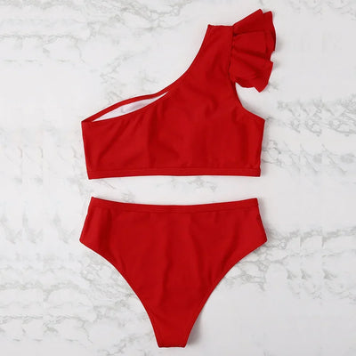One Shoulder Bikinis 2025 Women Ruffle Swimsuit Solid High Waist Swimwear Female Padded Bathers Bathing Swimming Suit Beachwear