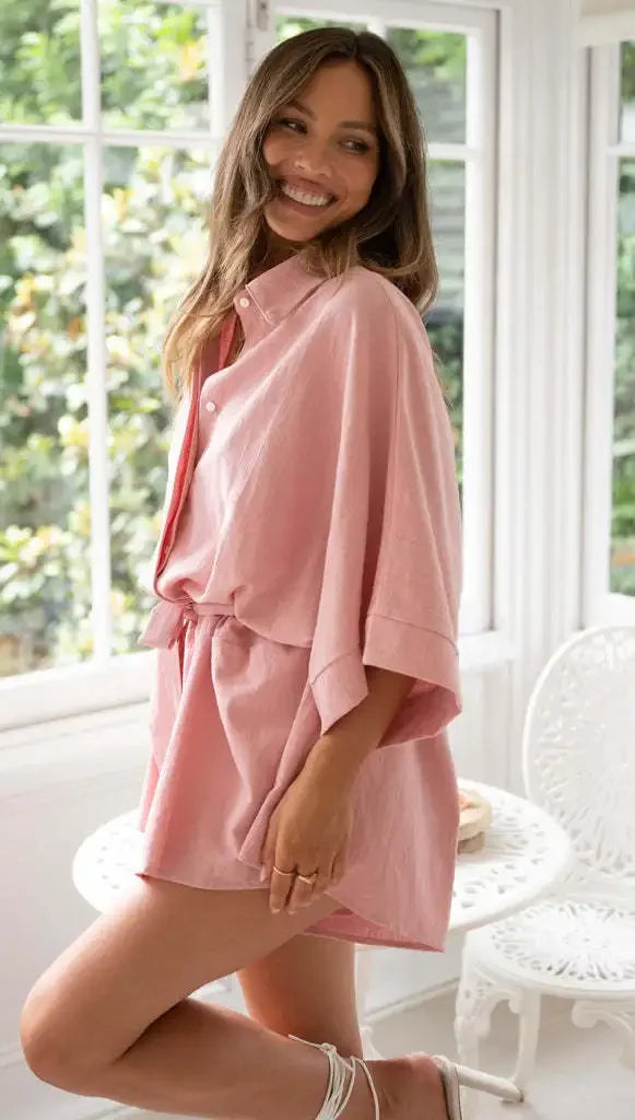 Women's Jumpsuit Spring/summer New Style With Collar Mid Sleeves Waist Strap Fashionable Loose Short Style Solid Color Jumpsuit