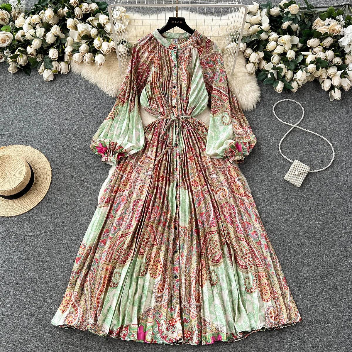 Retro Print Elegant Pleated Lantern Long Sleeve O Neck Single Breasted Dress A-line  Casual High Waist Women Summer Dresses