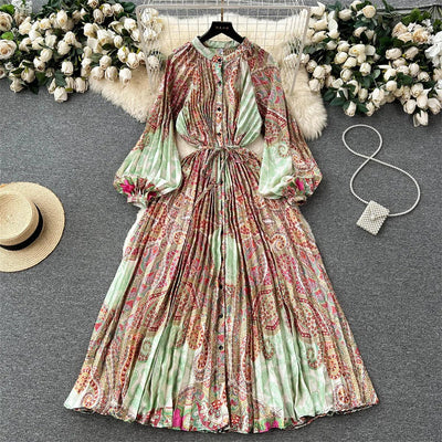 Retro Print Elegant Pleated Lantern Long Sleeve O Neck Single Breasted Dress A-line  Casual High Waist Women Summer Dresses