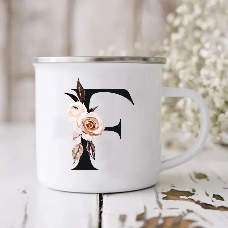 Initial Letter Print Mugs Enamel Creative Coffee Cups Drinks Wine Juice Milk Cup Vintage Home Office Handle Drinkware Best Gifts