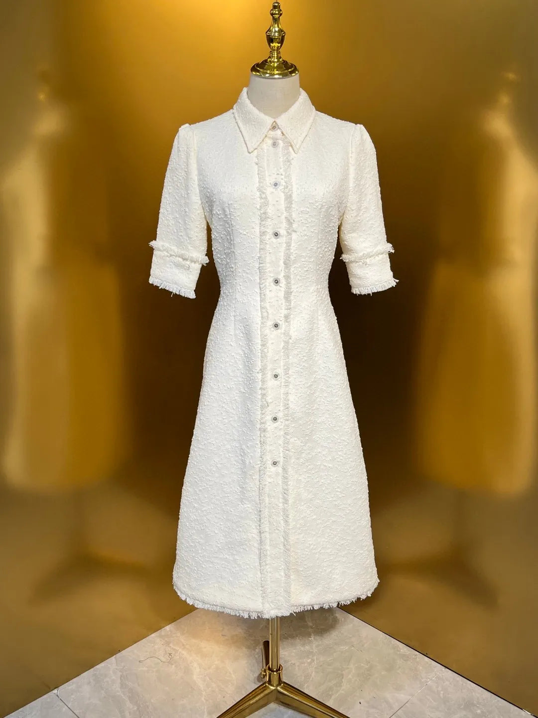 HIGH QUALITY Luxury Designer Autumn Women Cotton Blend  Elegant Tweed Shirt Midi Dress Short Sleeve In White Runway Fashion 2024