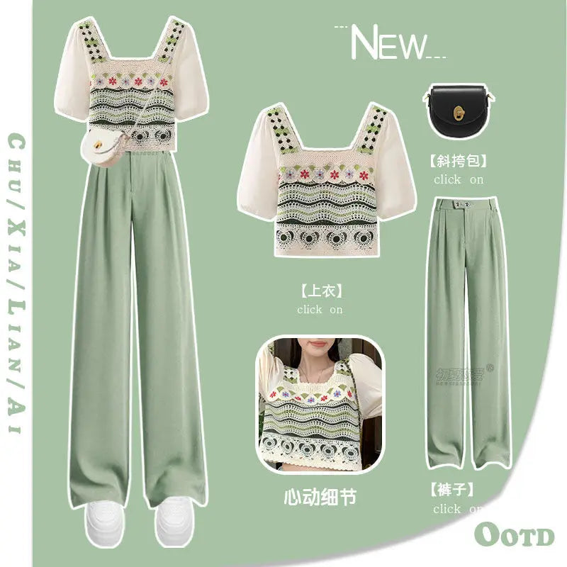 Summer Set for Women 2024 New Small Fresh Outfit Korean Style Western-style Top Slimming Versatile Casual Pants Two-piece Set