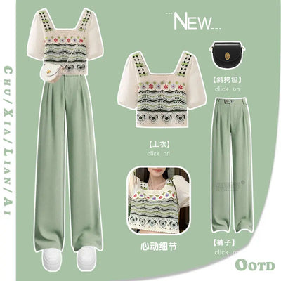 Summer Set for Women 2024 New Small Fresh Outfit Korean Style Western-style Top Slimming Versatile Casual Pants Two-piece Set