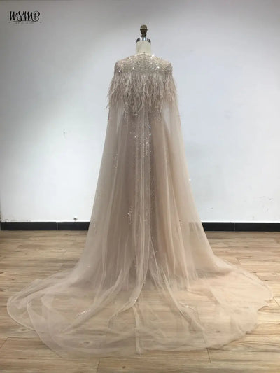 MYMB Arabic A-Line Women's Formal Engagement Dresses Gorgerous Beaded Wedding Prom Party Gown with Feathers Cape Shawl DKN0304