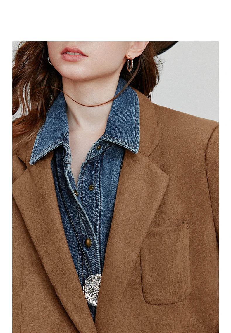 TOYOUTH Women Blazer 2025 Autumn New Barn Style Retro Brown Suede Lightweight Lapel Collar Single Breasted Button Suit Coat