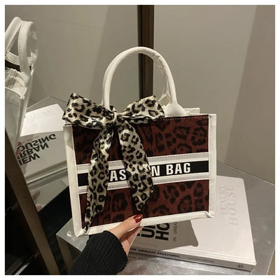 Fashion Leopard Print Top-handle Bags For Women, Bow Ribbon Decoration Designer Handbags Ladies Casual Tote