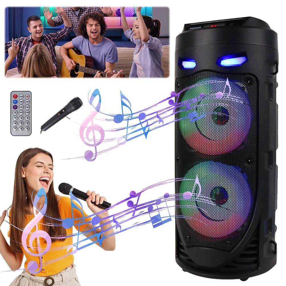 Bluetooth-Compatible Speaker Loud Boombox with Double Subwoofer Deep Bass Lights Outdoor Speaker Support USB/TF/AUX/FM/BT/MIC