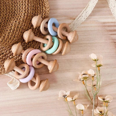 Baby Toys Wooden Rattles Silicone Ring Baby Rattles and Mobiles 0 12 Months Sensory Toys for Baby  Wooden Teether for Baby Gifts