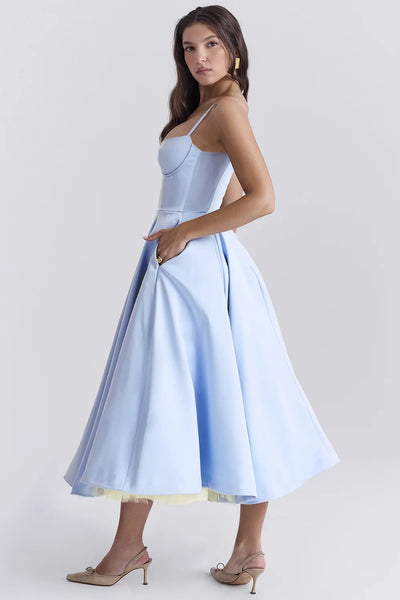 Women's Summer Long Dresses Elegant Lady Maxi Dress O-Neck Blue Dress High Waist Party Dresses for Female Sexy Hoilday Sundress