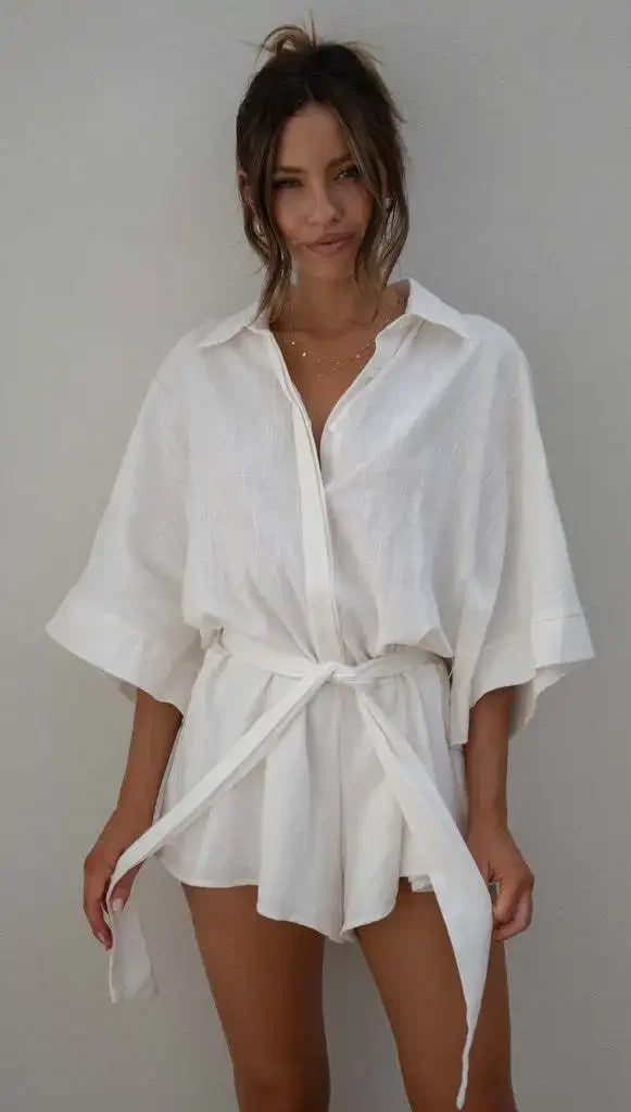 Women's Jumpsuit Spring/summer New Style With Collar Mid Sleeves Waist Strap Fashionable Loose Short Style Solid Color Jumpsuit
