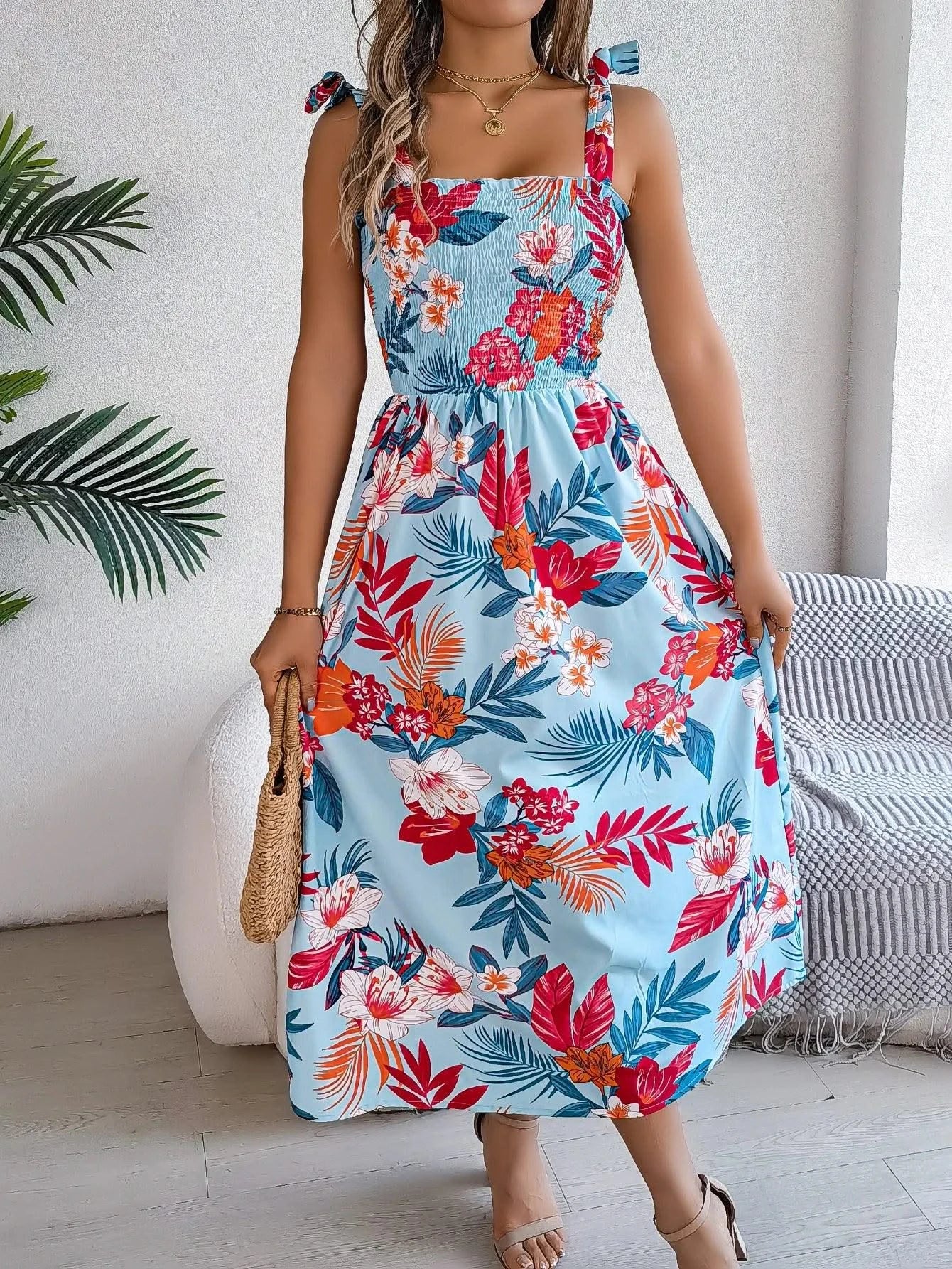 Spring Summer Floral Print Long Dress Lace up Sleeveless Vacation Dresses for Women