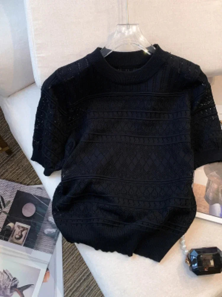 Women's T-Shirts Summer Thin Hollow Out Crew Neck Pullover Sweater Versatile Short Sleeve Knitted Top Women's Clothing