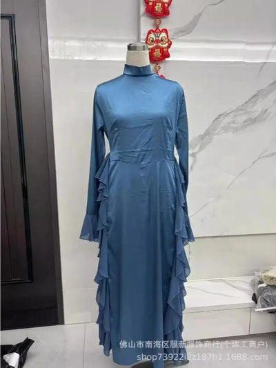 Muslim Women Flare Sleeve Evening Dress Jalabiya Eid Ramadan Arab Long Robe Dubai Ruffle Vestidos Largos Party Dresses Abayas