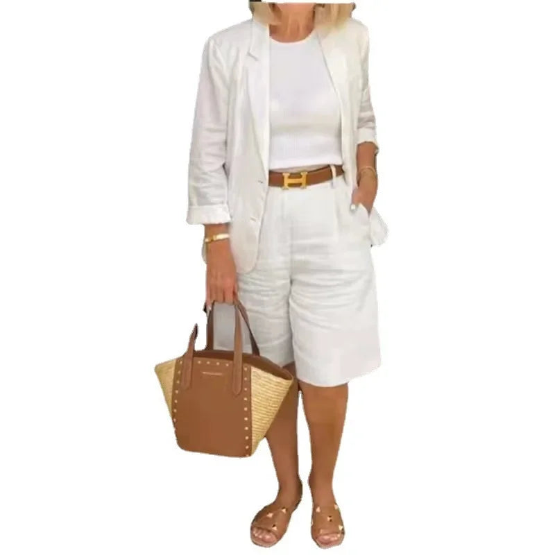 Autumn Winter Cotton Linen Women's Blazer Suits Professional Elegant Office Suit Blazer and Shorts Pants 2 Piece Set