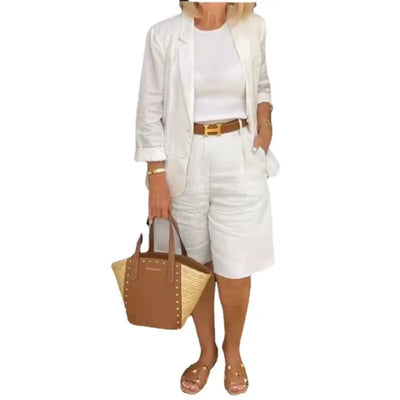 Autumn Winter Cotton Linen Women's Blazer Suits Professional Elegant Office Suit Blazer and Shorts Pants 2 Piece Set