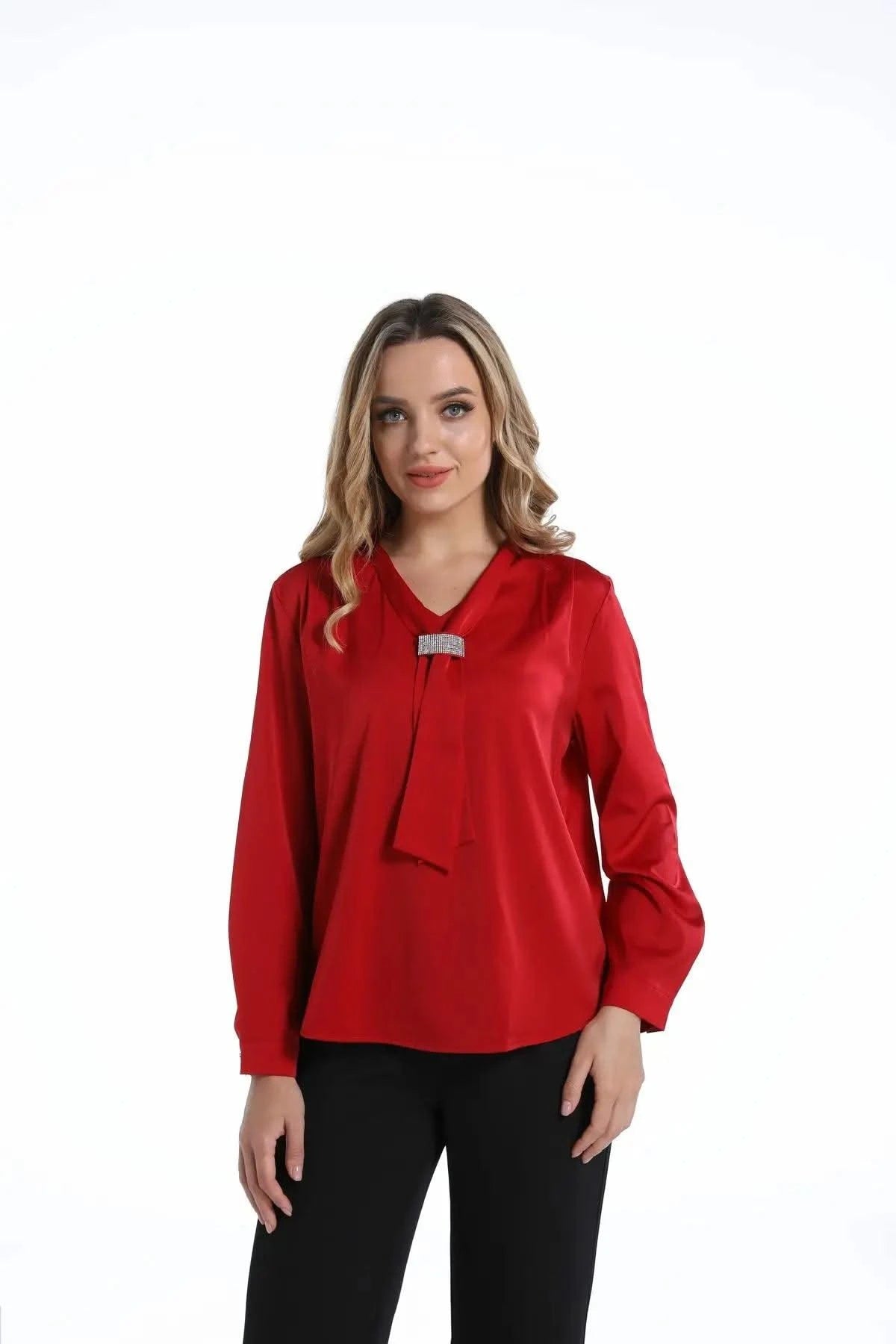 Red Women Blouse Ribbon Women Shirt Luxury Woman Top
