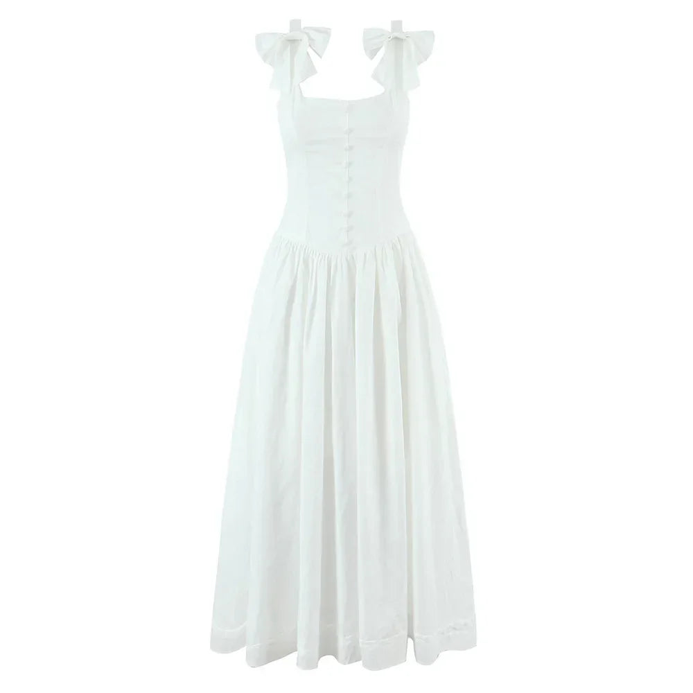 Women's Dress 2025 New Fashion Summer  White Bow Midi Dresses for Women Elegant Chic Ladies Dress