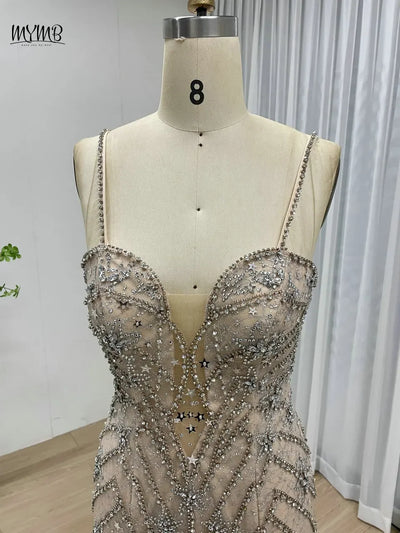 MYMB Luxury Mermaid Sheath Evening Gown for Women Wedding Party Dubai Sexy Spaghetti Straps Backless Beaded Prom Dress DSH16188