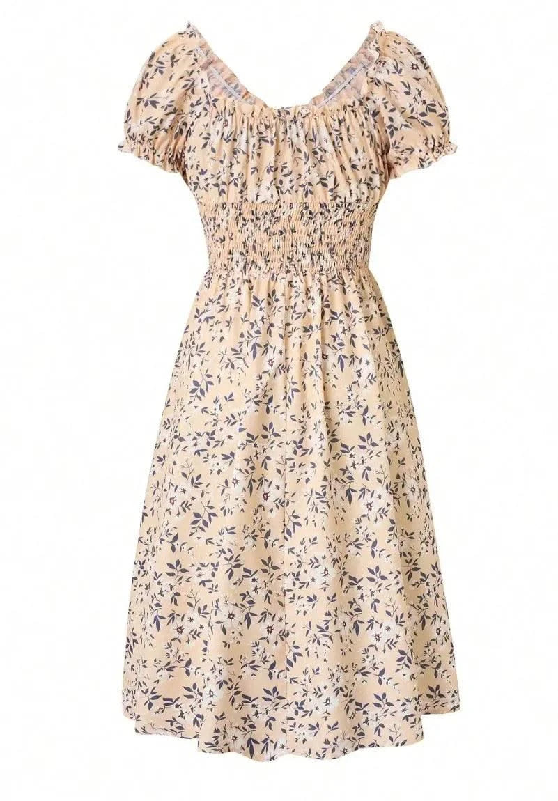 Summer Women Floral Print Dress V-neck Puff