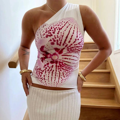 Women's One Shoulder Tops Slim Flower Print Slash Neck Backless