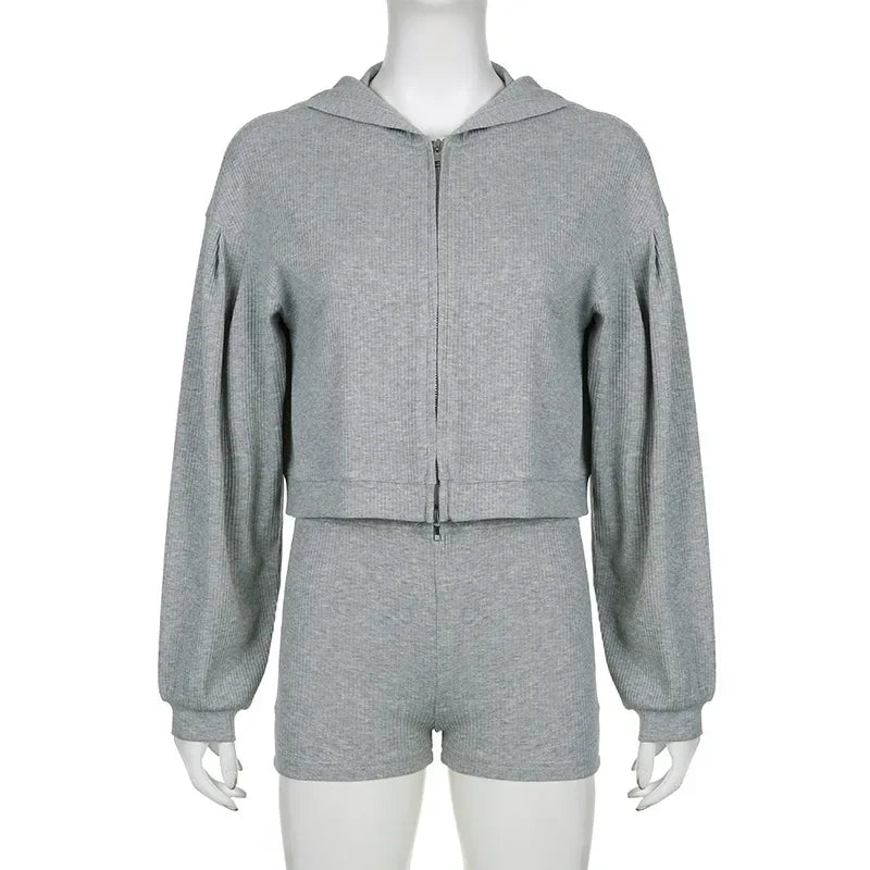 Solid Sport 3 Piece Set Crop Vest Hoodie Tracksuit Women Casual Sweatshirt Coat Mini Short Matching Set Sportswear 3 PCS Outfit