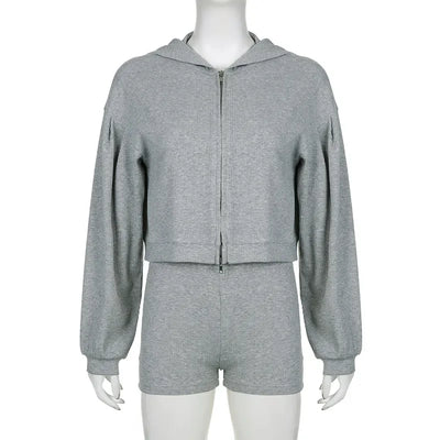 Solid Sport 3 Piece Set Crop Vest Hoodie Tracksuit Women Casual Sweatshirt Coat Mini Short Matching Set Sportswear 3 PCS Outfit