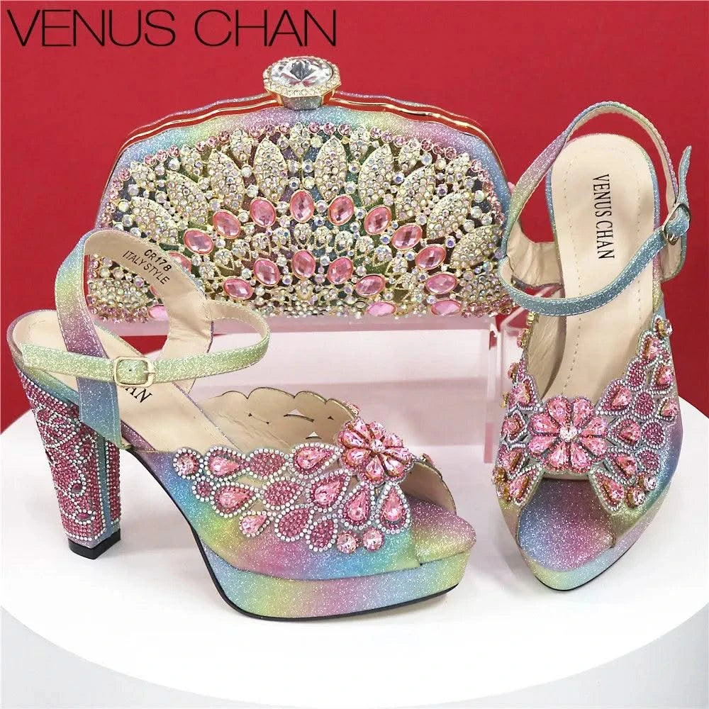 Embroidery Italian Design Pointed-Toe High-heeled Shoes and Bags Set for Women