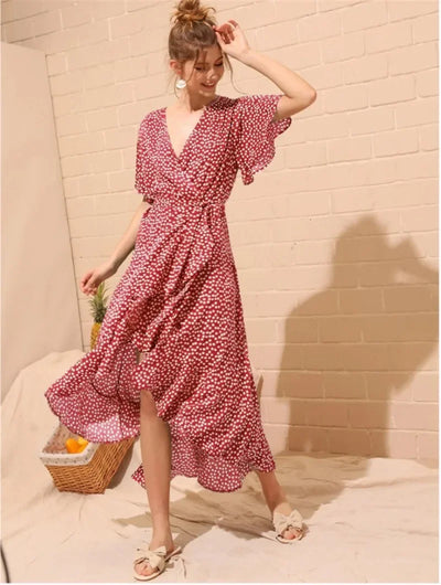 Women Summer Dresses Bohemian Sexy V-Neck Irregular High Waist Lace-up Chiffon Print Dress Casual Beach Long Dress