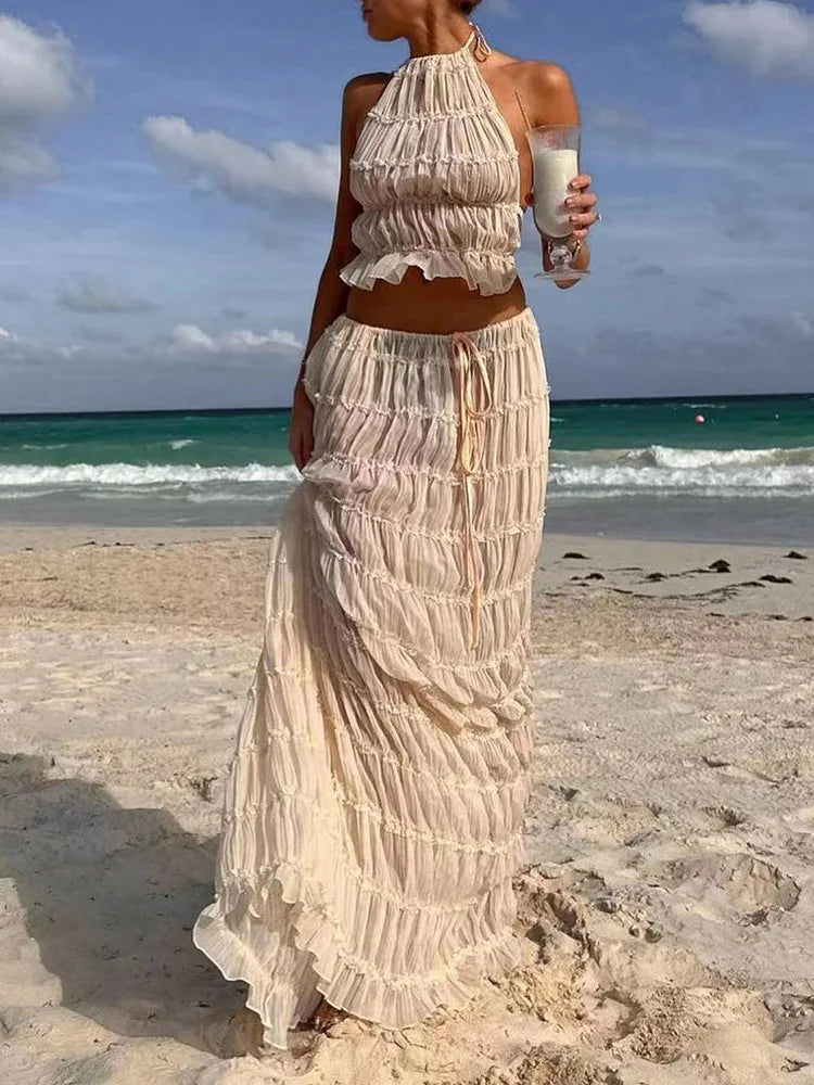 2025 Women Summer Loungewear Suits, Halter Short Top Maxi Skirts 2PCS Matching Sets, White Color Fashion Backless Ladies Outfit