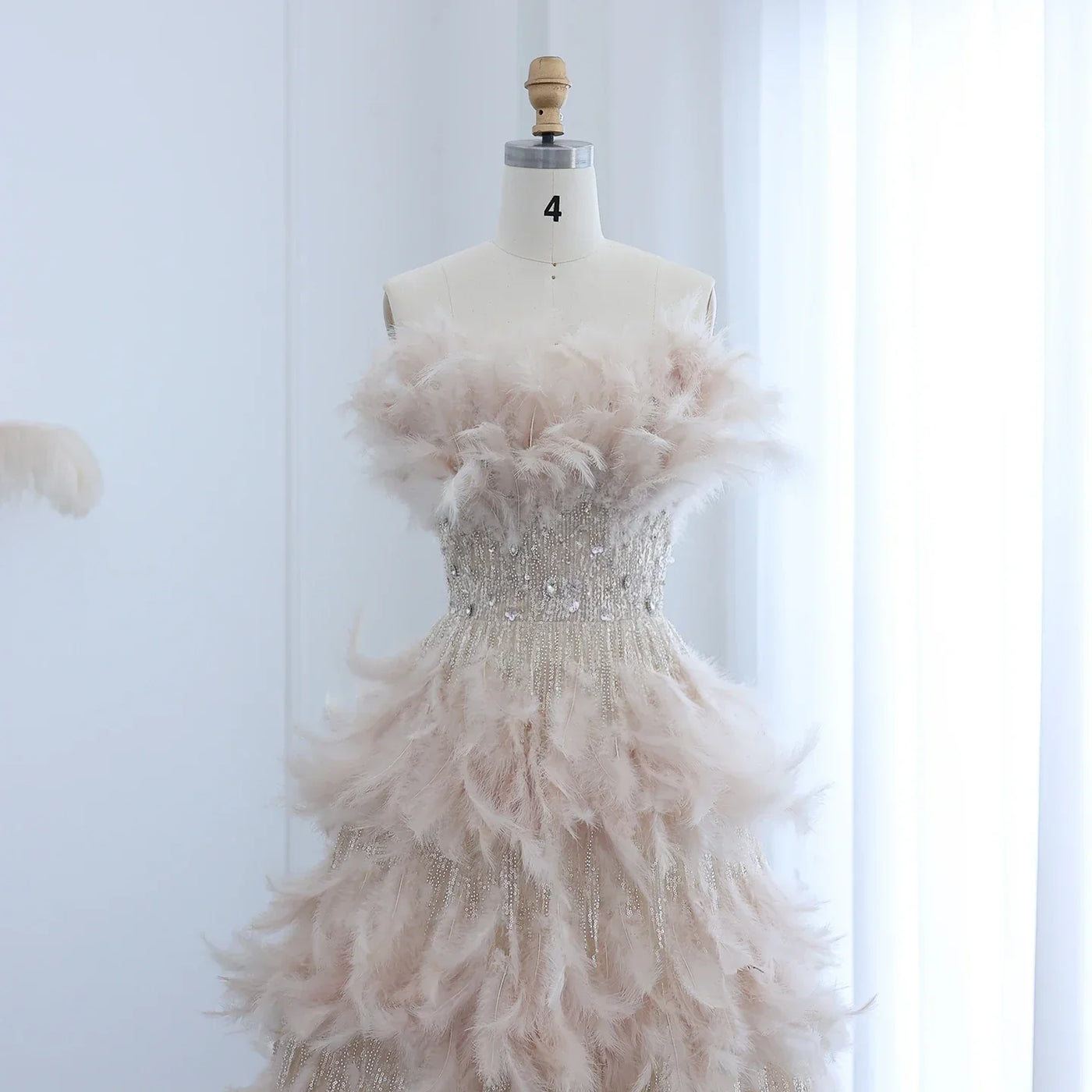 Sharon Said Luxury Dubai Feathers Princess Ball Gown Cream Evening Dress for Women Wedding Engament Party Dress SS732 Customized