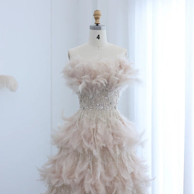Sharon Said Luxury Dubai Feathers Princess Ball Gown Cream Evening Dress for Women Wedding Engament Party Dress SS732 Customized