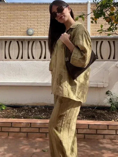 Women's Jacquard Oversized Shirt Trousers Short Sleeves Suit Lapel Shirt High Waist Elastic Straight Leg Pants Chic Female Set