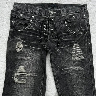 Fashionable high street double waisted lace up micro flared women jeans Y2K retro Harajuku washed design for men and women jeans
