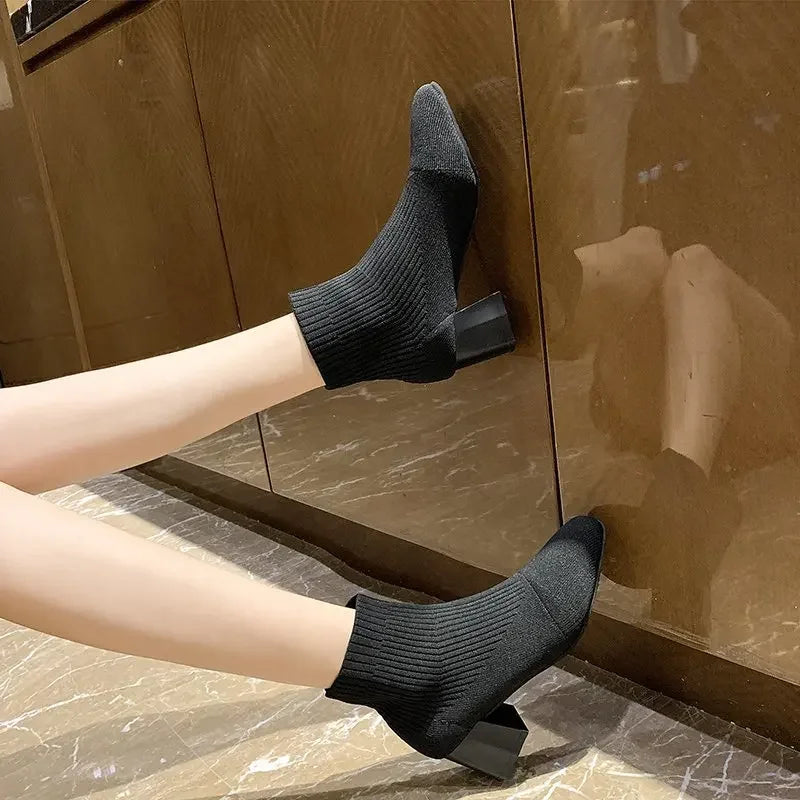 Stretch  Sock Boots For Women Shoes Square Heel Yellow Knitting shoes Elastic Cottton Boots Lady Footwear