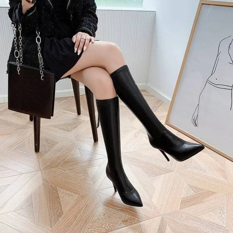 Women's Boots Elegant Heeled Long Footwear Winter Knee High Shaft Heels Shoes for Woman Pointed Toe Tassel Chic Fashion 2024 Hot