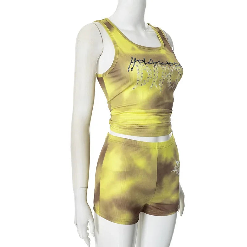 Sexy Biker Short Set Outfit Women 2025 Summer Fashion Tie Dye Print Diamonds Letter Rib Tank Top and Shorts 2 pcs Workout Sets