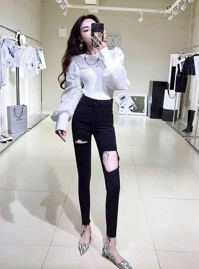 Skinny Pencil Slim Fit Women's Ripped Jeans 90s South Korea Cheap Summer Cowboy Pants for Woman Korean Fashion Xxl Torn Trousers