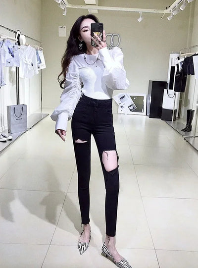 Skinny Pencil Slim Fit Women's Ripped Jeans 90s South Korea Cheap Summer Cowboy Pants for Woman Korean Fashion Xxl Torn Trousers