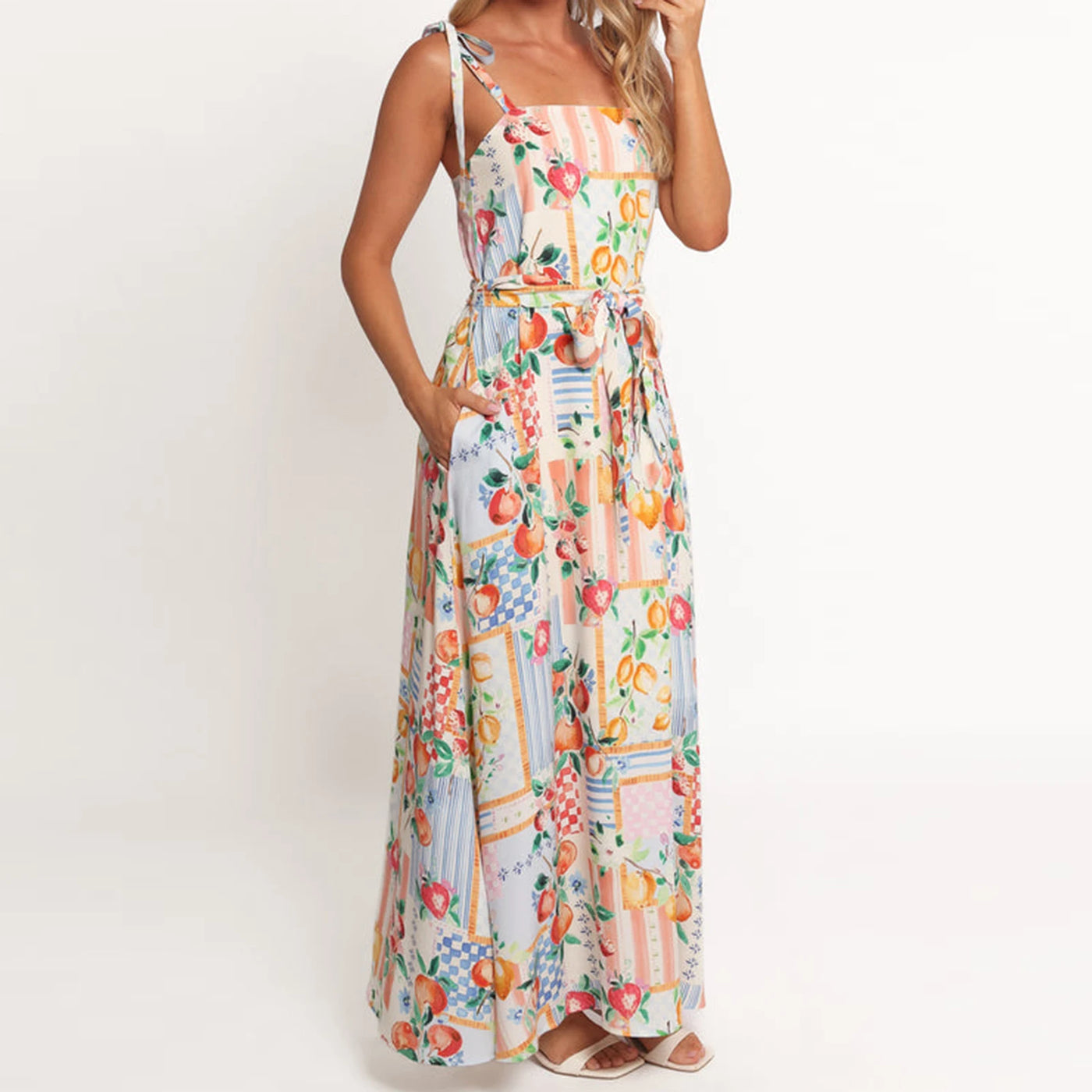 Women Slip Dress Spaghetti Straps Backless Fruit Flower Print Swing Dress Summer Long Dress with Belt for Cocktail Party